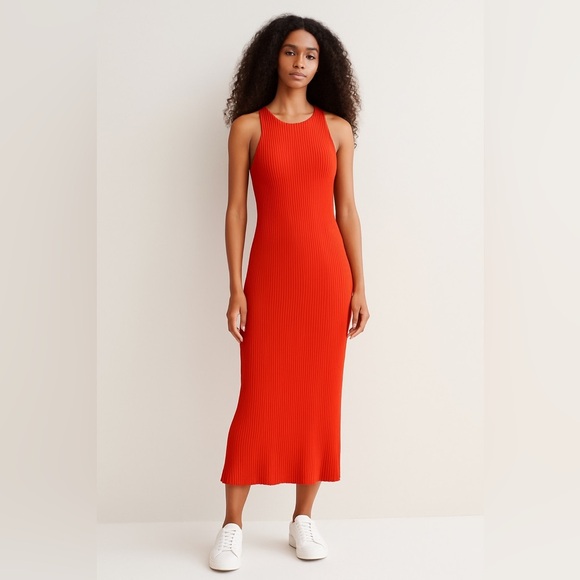 H&M Ribbed Knit Bodycon Midi Dress - Red - Size M - Picture 1 of 10
